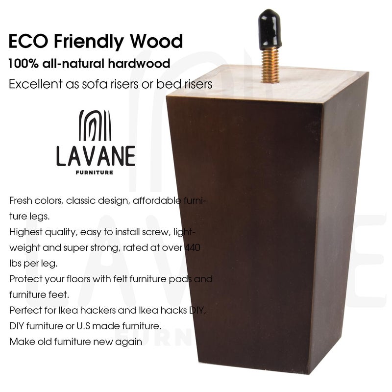 La Vane 6 inch Wooden Furniture Legs  Set of 4 Solid Wood Square Walnut Mid-Century Modern M8 Replacement Bun Feet with Pre-Drilled 5/16 Inch Bolt & Mounting Plate & Screws for Couch Sofa Armchair - Image 3